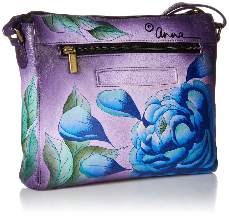 Anna by Anuschka Women's Genuine Leather Slim Square Cross Body | Hand Painted Original Artwork | Precious Peony, precious peony eggplant, One Size - Image 2